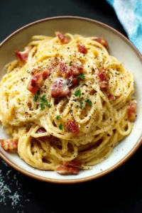 Delicious creamy pasta carbonara with bacon and cheese served in a bowl
