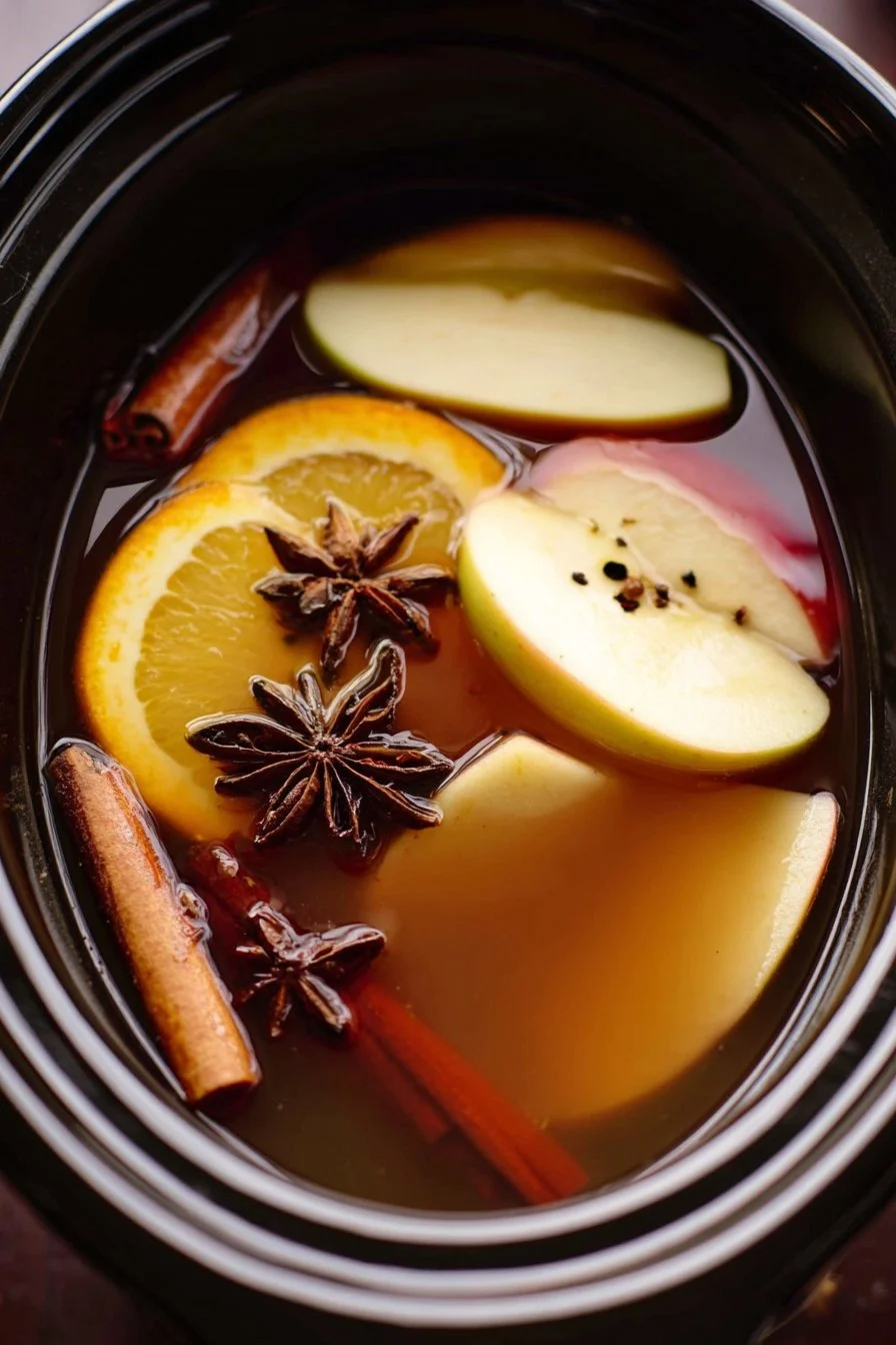 A warm cup of homemade crockpot apple cider with spices and apple slices