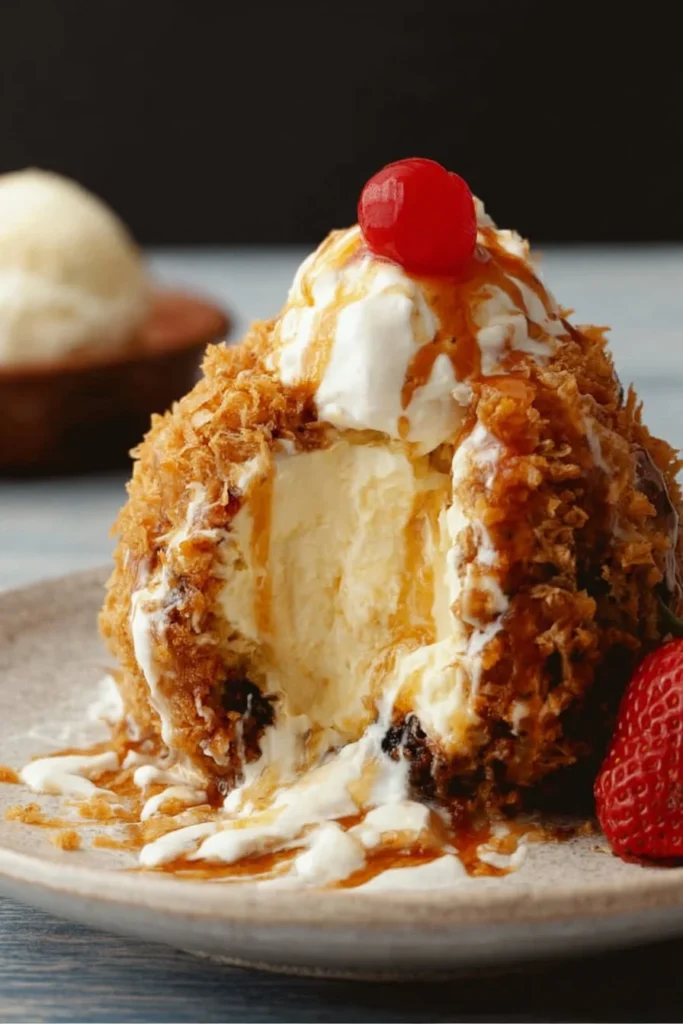 Easy fried ice cream dessert topped with chocolate and sprinkles
