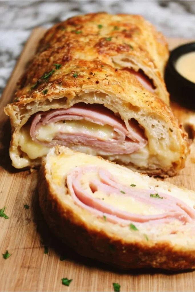 Sliced Ham and Swiss Stromboli on a wooden cutting board