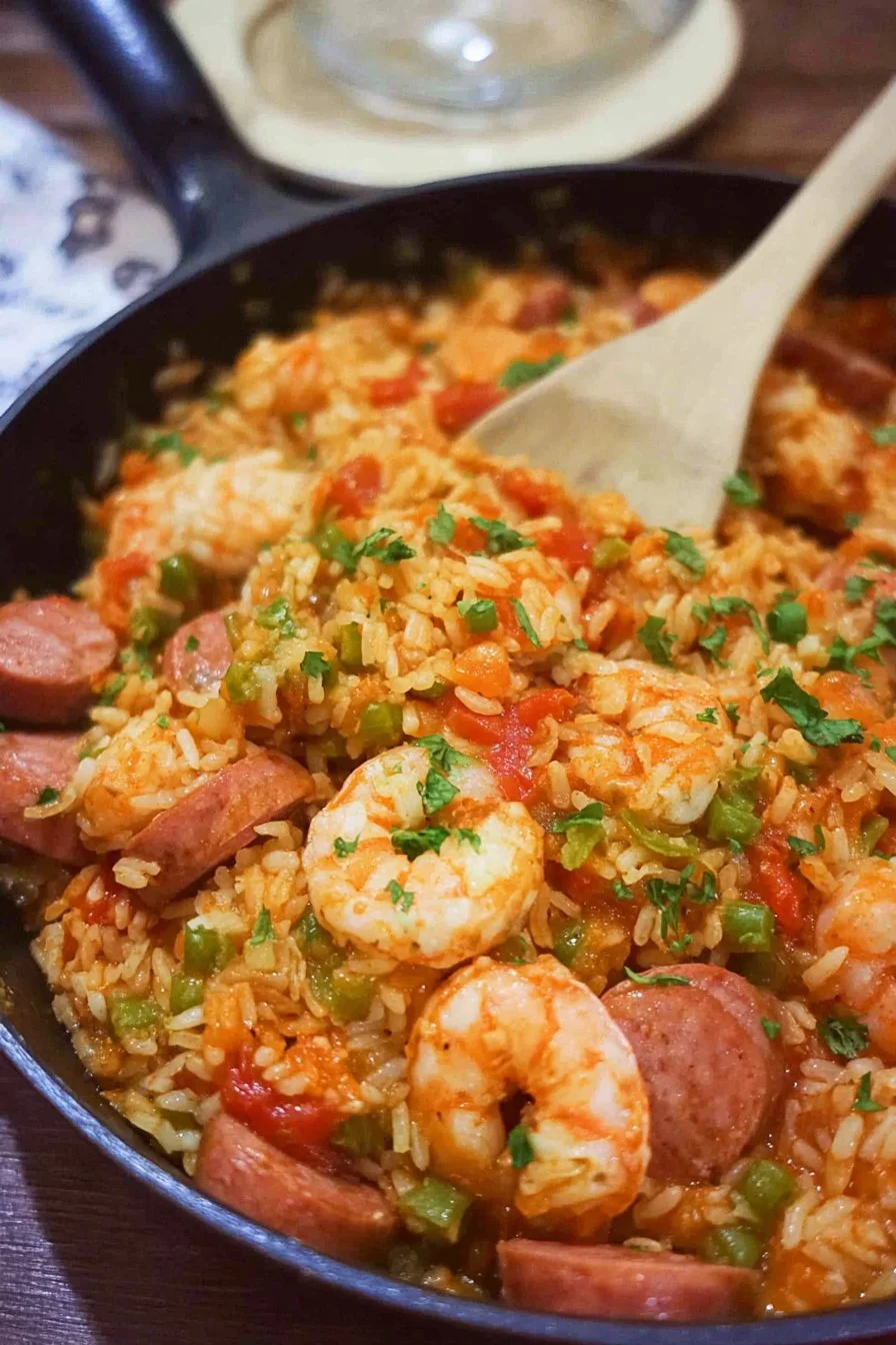 Bowl of easy jambalaya with rice, shrimp, sausage, and vegetables
