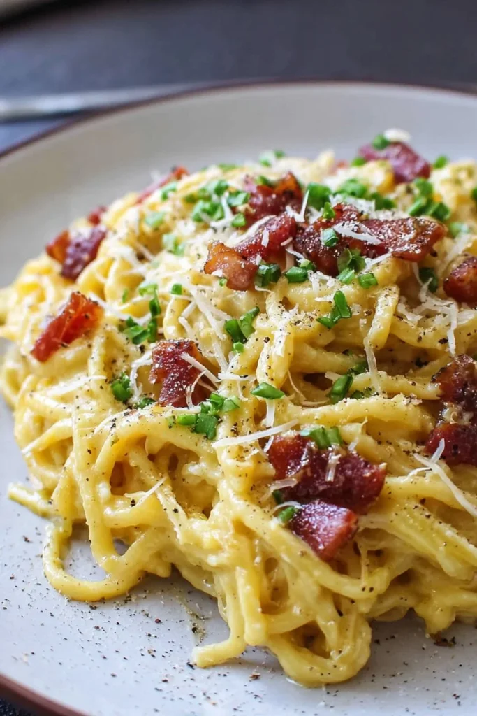 Bowl of easy Pasta Carbonara with pancetta and Parmesan cheese.