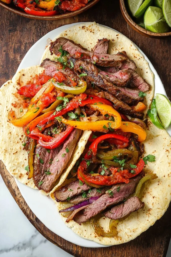 Delicious easy steak fajitas with colorful peppers and onions on a plate