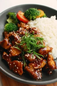 Delicious easy teriyaki chicken served with rice and vegetables