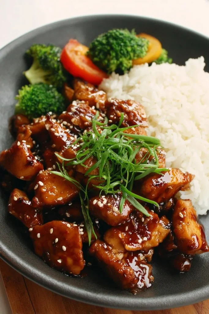Easy Teriyaki Chicken 1 Delicious easy teriyaki chicken served with rice and vegetables