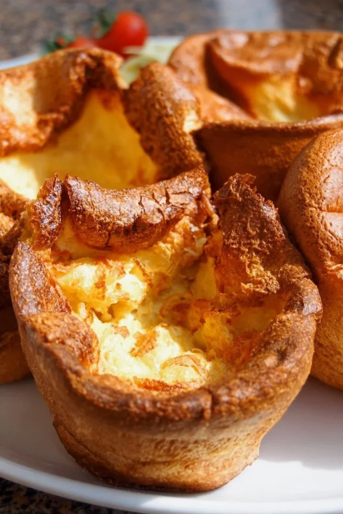 A batch of golden-brown easy Yorkshire puddings fresh out of the oven.