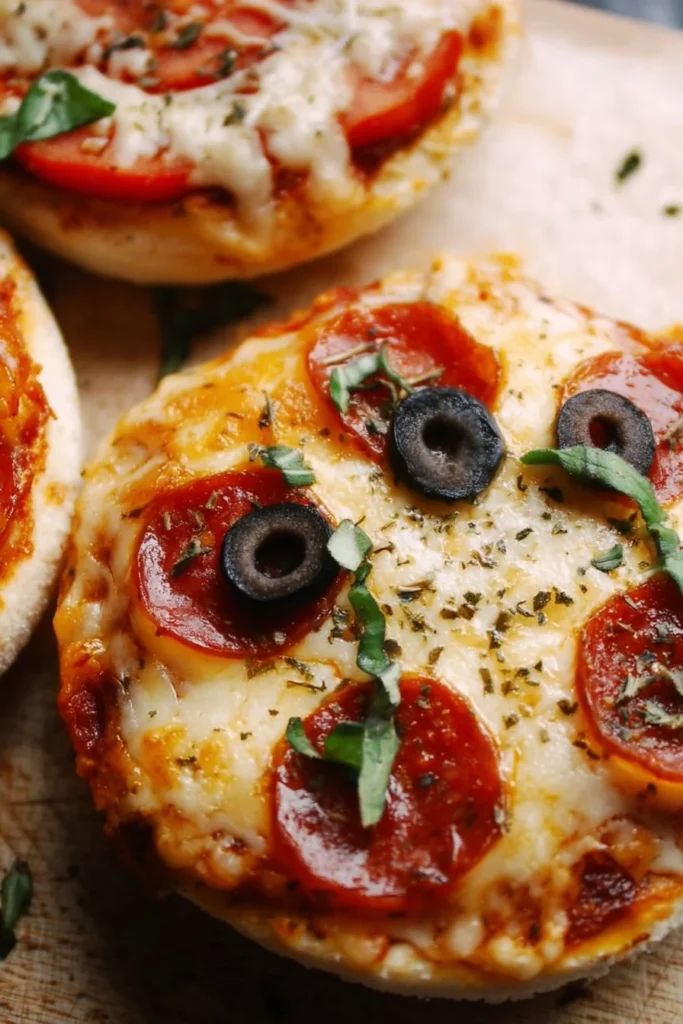 Homemade English muffin pizzas topped with sauce and cheese