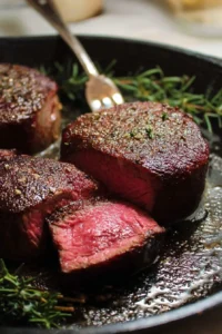 Perfectly seared Filet Mignon steak garnished with herbs on a plate
