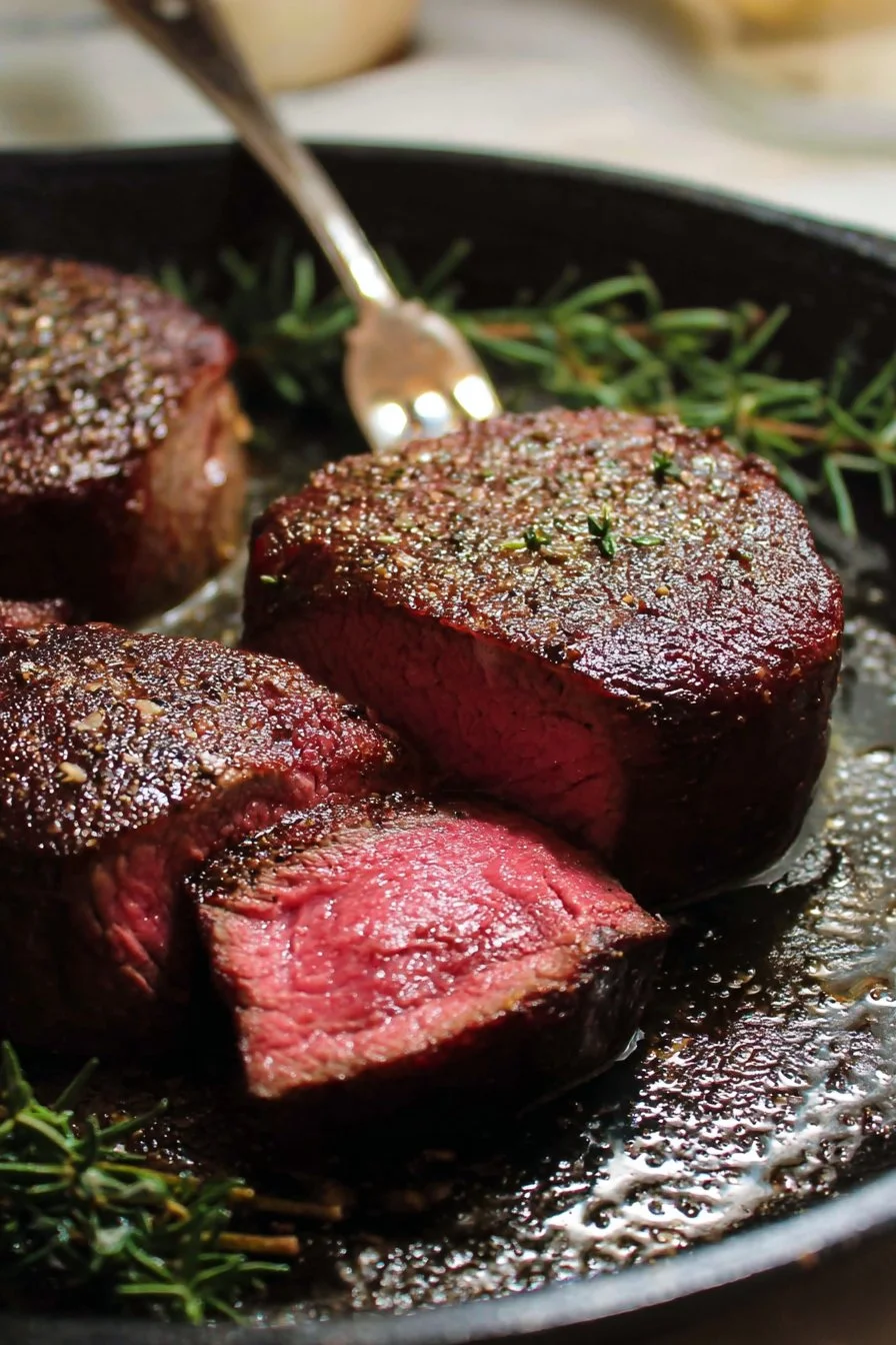 Perfectly seared Filet Mignon steak garnished with herbs on a plate