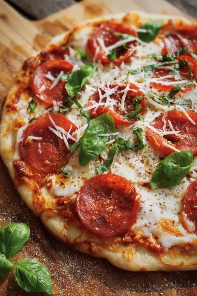 Delicious flatbread pizza with various toppings ready to serve.