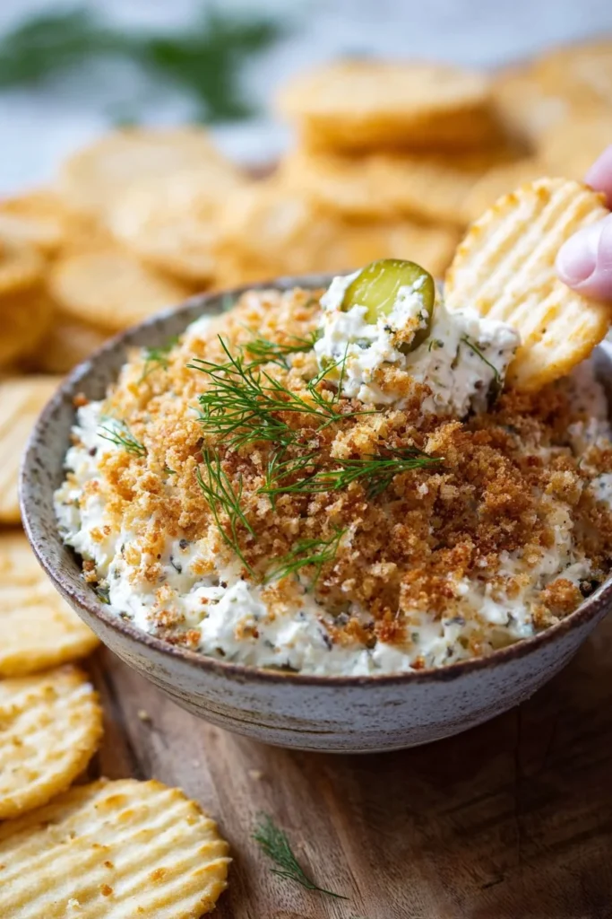 Delicious fried pickle dip served in a bowl with crackers and vegetables