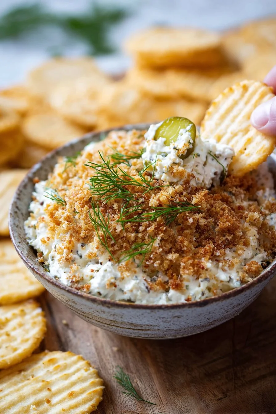 Delicious fried pickle dip served in a bowl with crackers and vegetables
