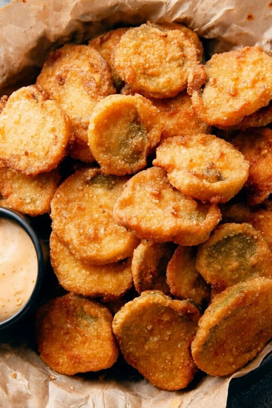 Crispy fried pickles served on a plate with dipping sauce.