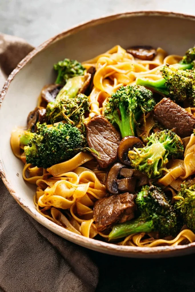 Delicious Garlic Beef and Broccoli Noodles served in a bowl
