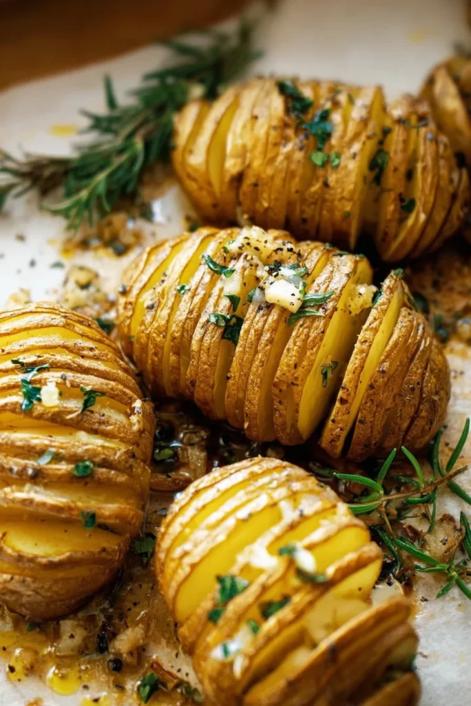 Delicious Garlic Butter Hasselback Potatoes topped with fresh herbs
