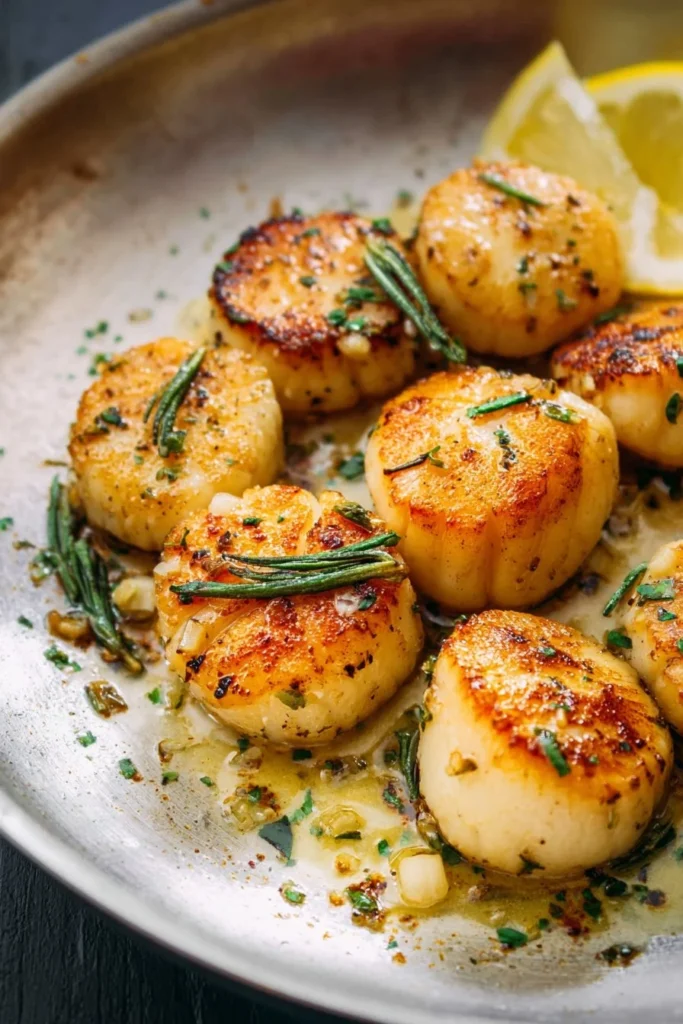 Delicious Garlic Butter Herb Scallops served on a plate with herbs