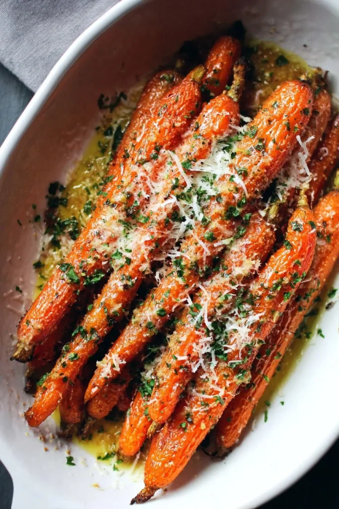 Garlic butter parmesan carrots served in a bowl, garnished with herbs
