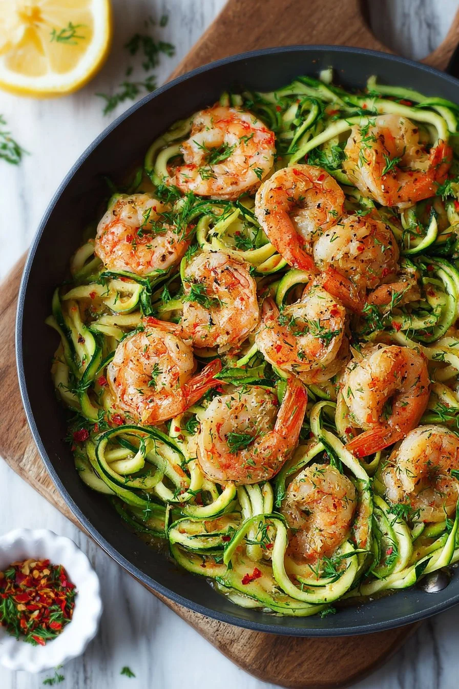 Delicious garlic butter shrimp served over zucchini noodles
