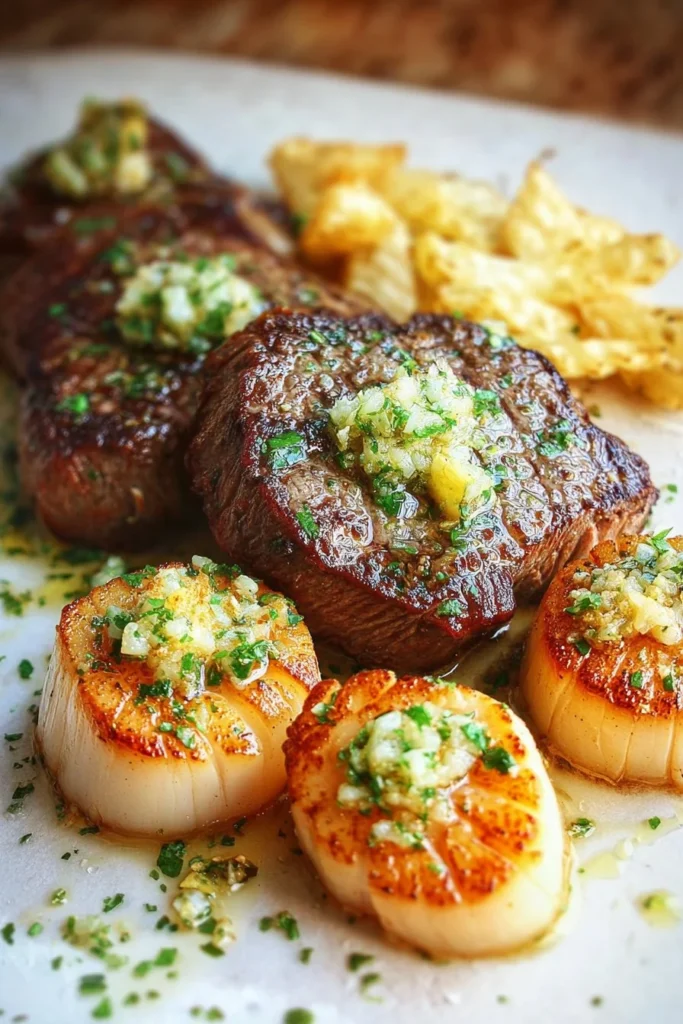Delicious garlic butter steak and scallops served on a plate