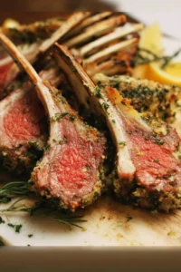 Garlic herb crusted rack of lamb plated with herbs and seasonings