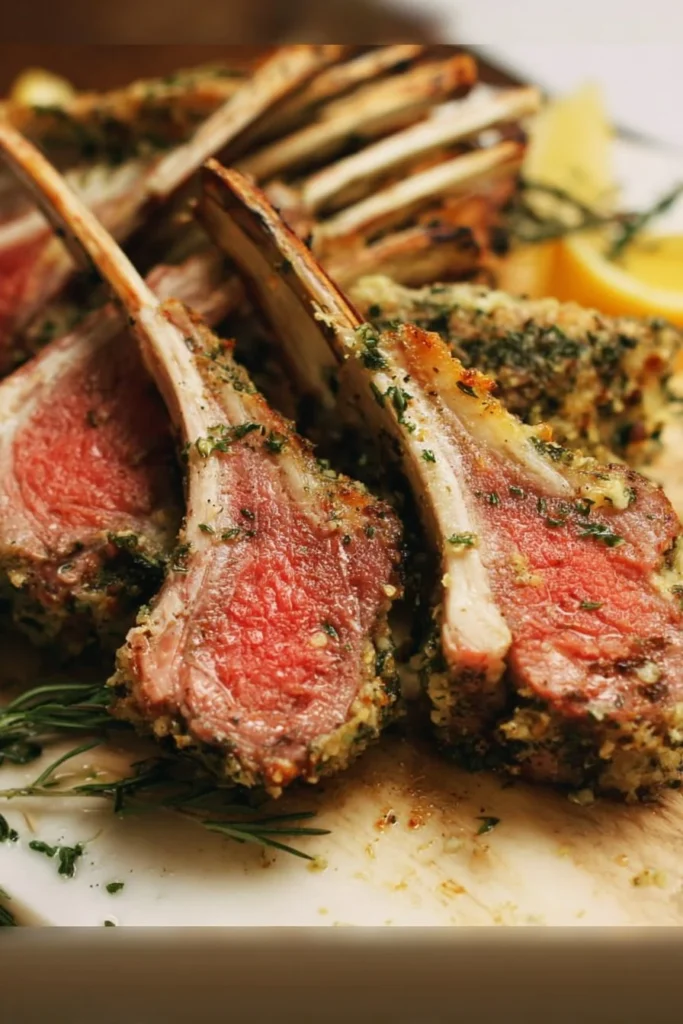 Garlic herb crusted rack of lamb plated with herbs and seasonings
