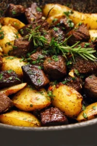 Delicious Garlic Steak Bites served with potatoes on a plate
