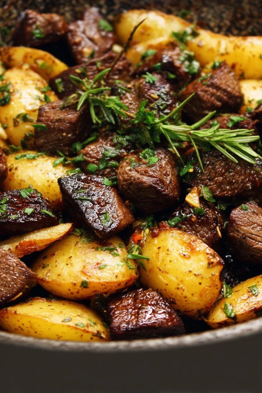 Delicious Garlic Steak Bites served with potatoes on a plate