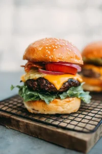 Juicy grilled burger on a bun with fresh toppings and condiments