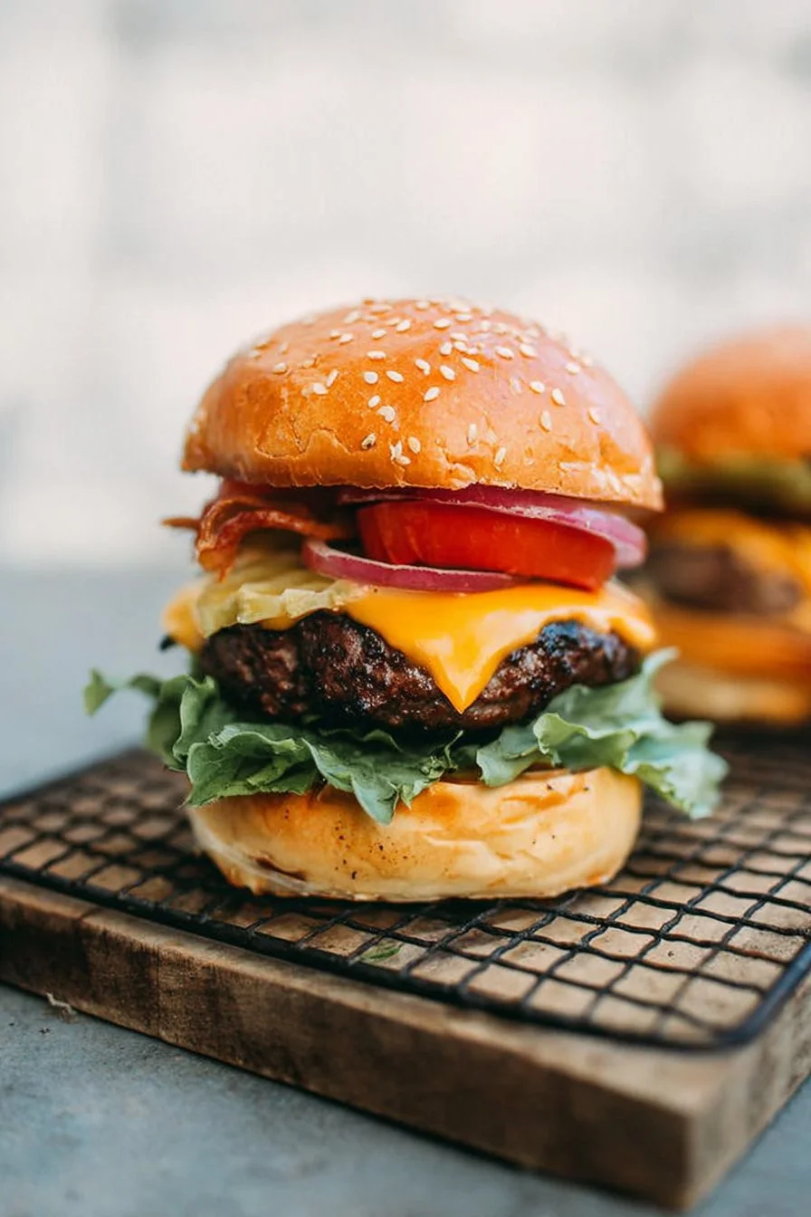Juicy grilled burger on a bun with fresh toppings and condiments