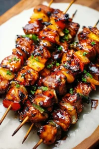 Grilled Hawaiian teriyaki chicken skewers on a wooden platter with vegetables.