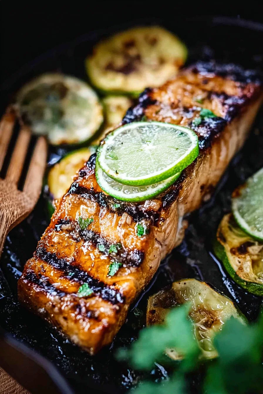 Grilled honey lime salmon garnished with lime slices on a plate