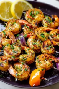 Delicious grilled lemon garlic butter shrimp served on a plate