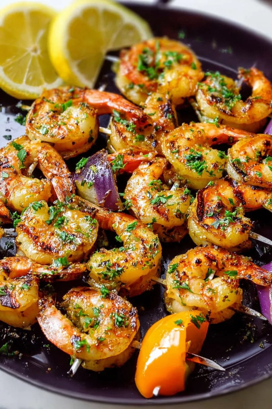 Delicious grilled lemon garlic butter shrimp served on a plate