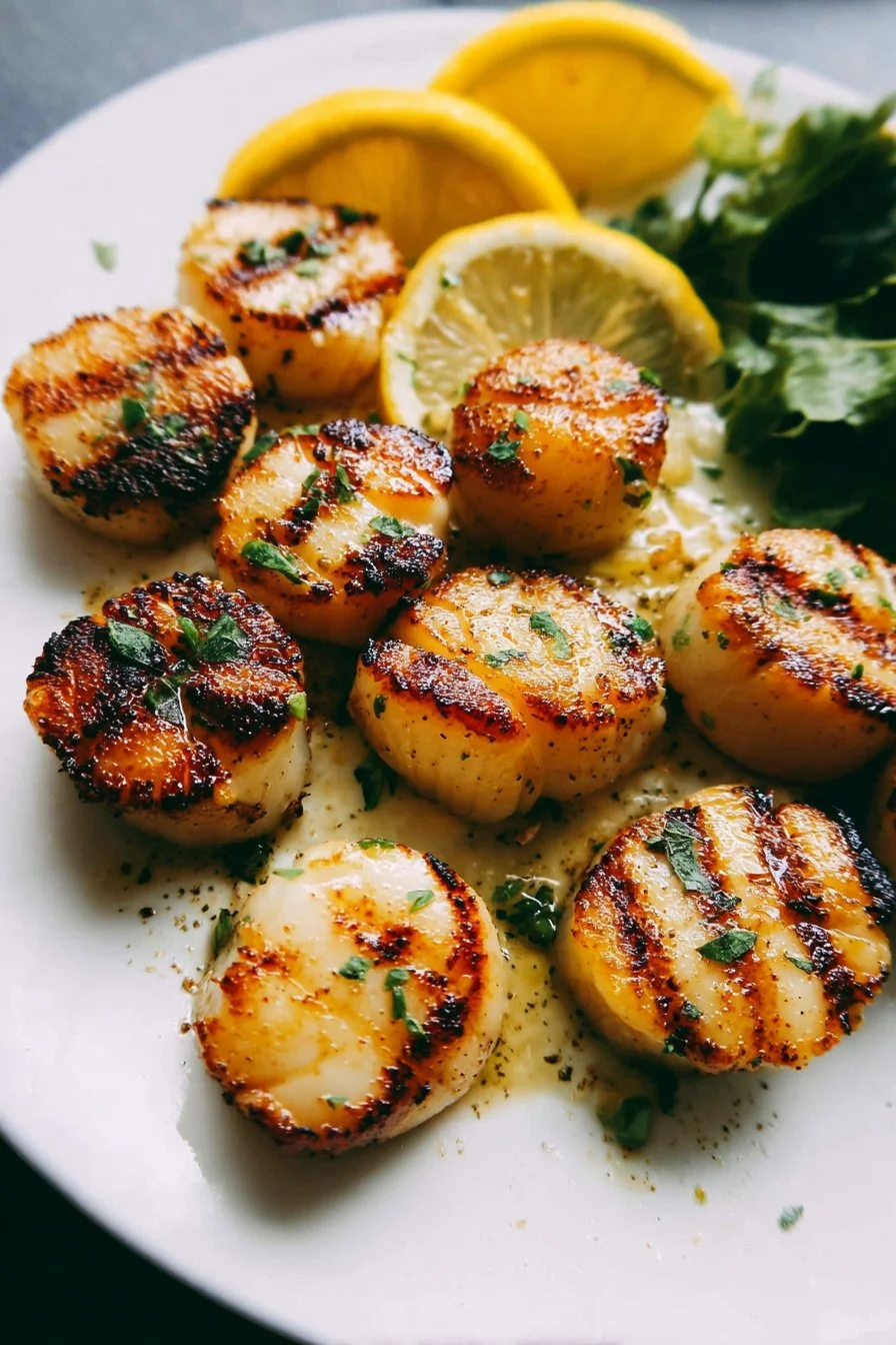 Grilled lemon garlic scallops served with fresh herbs and lemon slices.