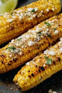 Delicious grilled Mexican street corn garnished with cheese and spices