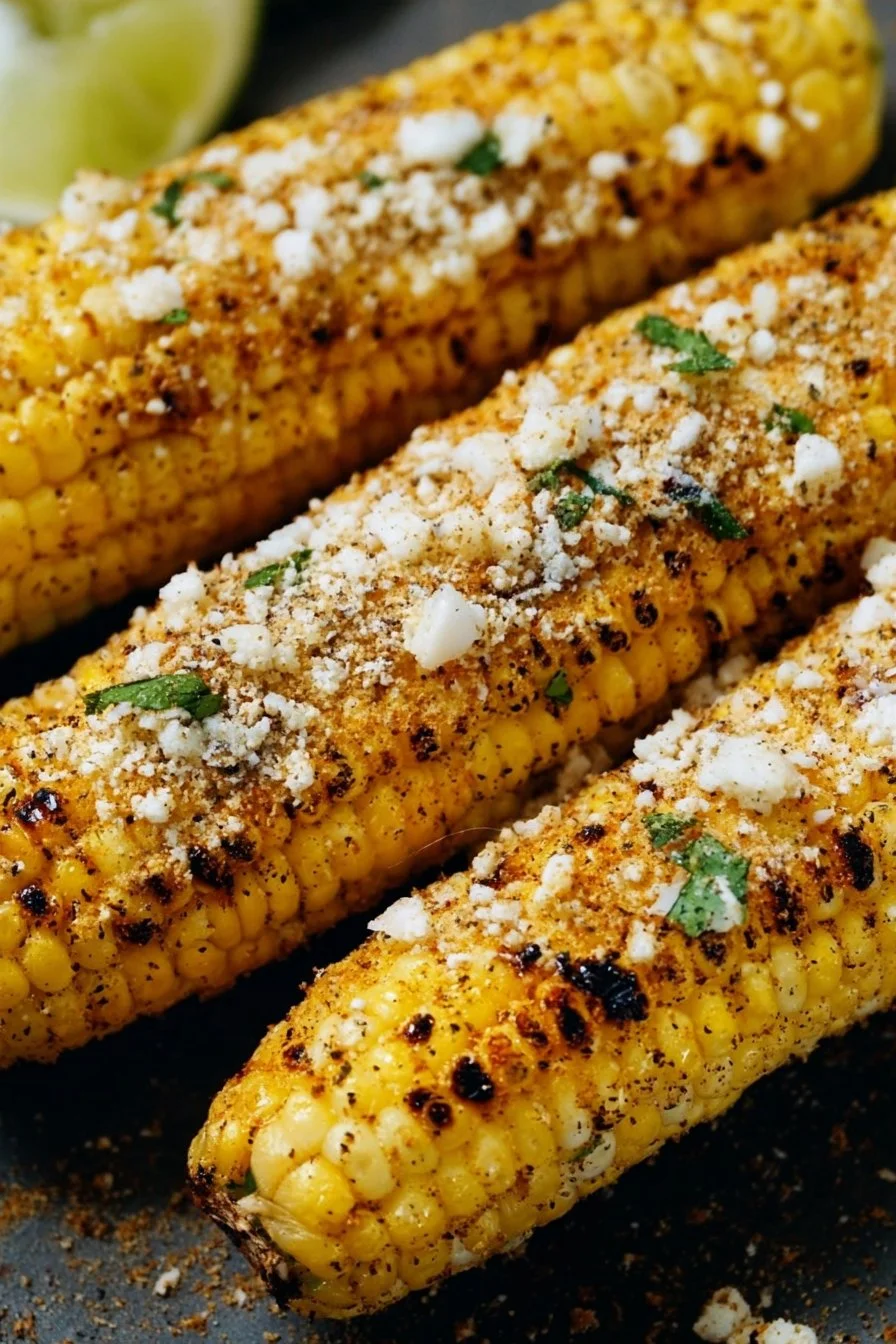 Delicious grilled Mexican street corn garnished with cheese and spices