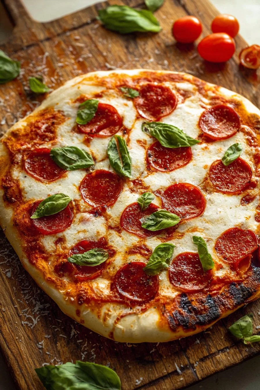 Delicious grilled pizza topped with fresh ingredients on a barbecue grill