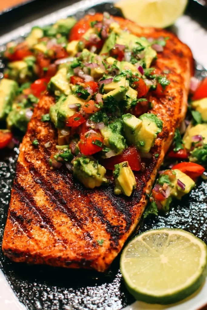 Grilled Salmon with Avocado Salsa 1 Grilled salmon fillet topped with refreshing avocado salsa on a plate