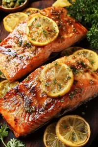Grilled triple citrus salmon garnished with lemon, orange, and lime slices.