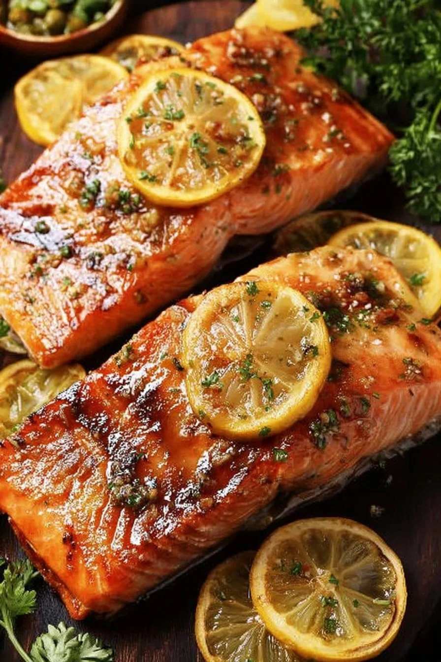 Grilled triple citrus salmon garnished with lemon, orange, and lime slices.