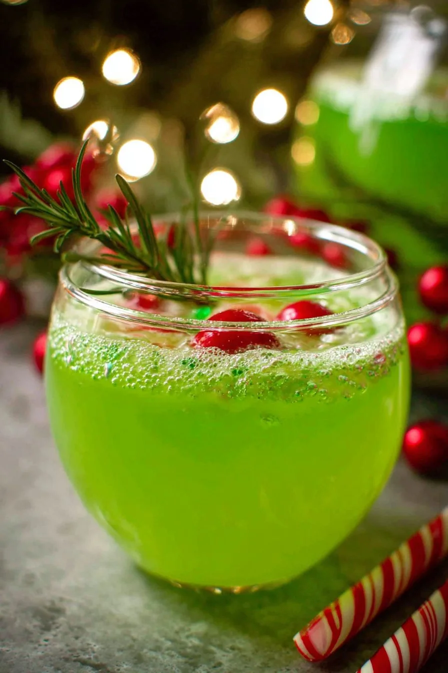 Festive Grinch Punch in a cheerful holiday glass