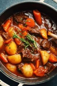 Delicious bowl of Guinness Beef Stew garnished with herbs