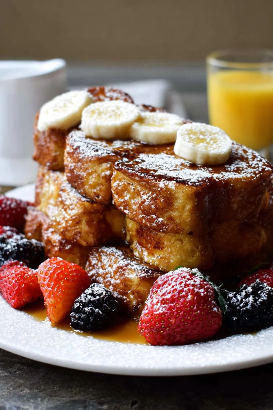 Delicious Hawaiian Roll French Toast topped with syrup and berries
