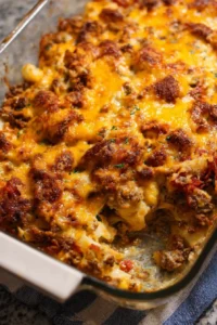 Delicious Hobo Casserole with ground beef, potatoes, and vegetables in a baking dish.