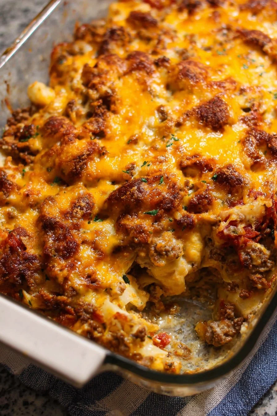 Delicious Hobo Casserole with ground beef, potatoes, and vegetables in a baking dish.