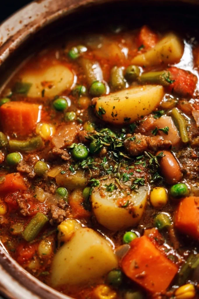 A steaming bowl of Hobo Stew made with vegetables and meat.