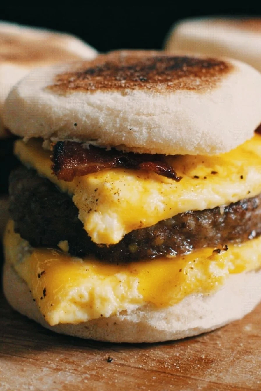 Homemade English muffin breakfast sandwiches stacked with egg, cheese, and bacon.