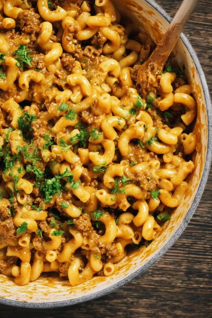 Bowl of homemade Hamburger Helper with colorful vegetables