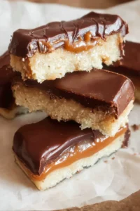 Delicious homemade Twix Bars stacked on a plate