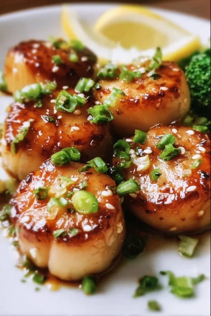 Honey garlic butter scallops served on a plate with herbs